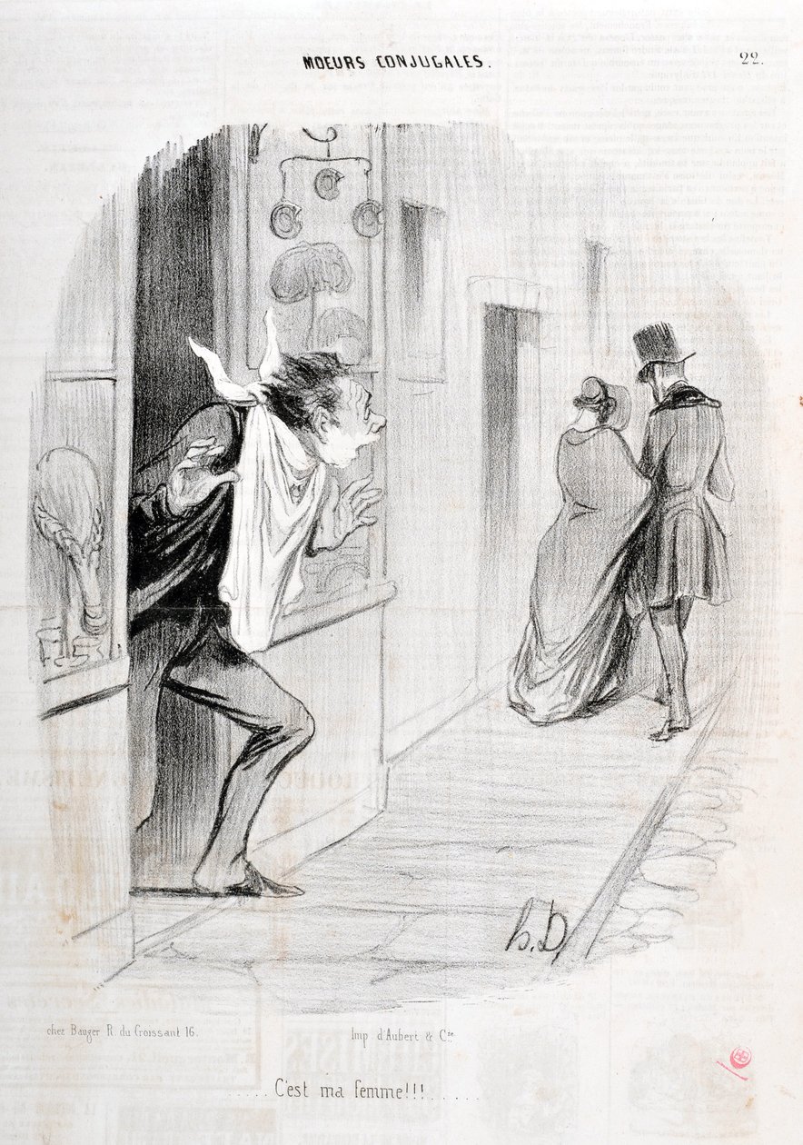 Kunstwerk door Honore Daumier (1808-1879). Charivari dateert uit 1840 Serie MORIES CONJUAL Het is mijn vrouw!!! MUSEUM VAN SCHONE KUNSTEN - PALEIS LONGCHAMP, MARSEILLE door Honoré Daumier