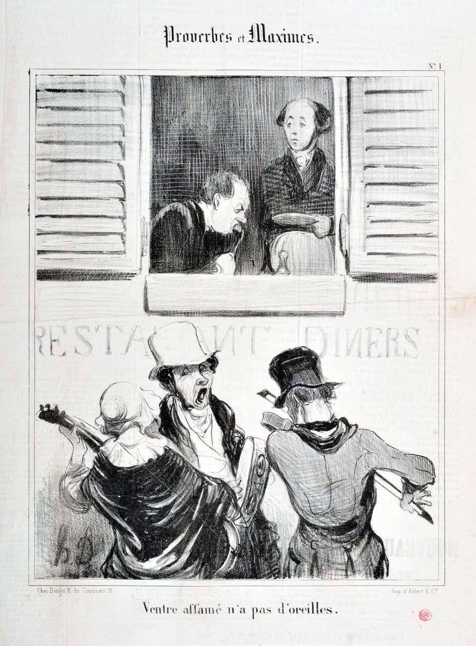 Werk van Honore Daumier (1808-1879). Charivari dateert uit 1840: Serie PROVERBES ET MAXIMES Belly starvation has no ears MUSEE DES BEAUX ARTS - PALAIS LONGCHAMP, MARSEILLE door Honoré Daumier
