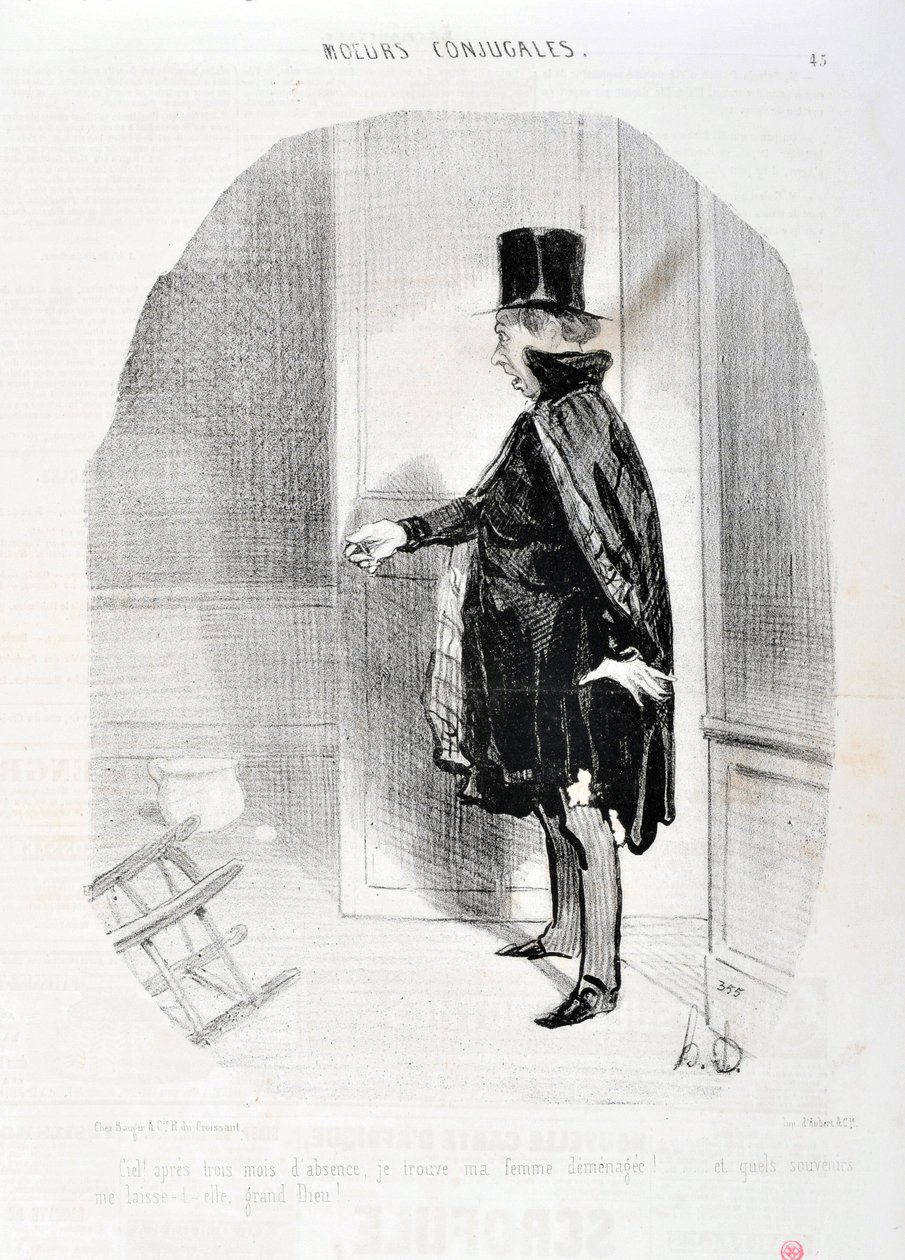 Kunstwerk door Honore Daumier (1808-1879). Charivari dateert uit 1842: Serie MORES CONJUALES Hemel na drie maanden afwezigheid vind ik mijn vrouw verhuisd en wat herinneringen was ik haar grote God! MUSEUM VAN SCHONE KUNSTEN - PALEIS LONGCHAMP, MARSEILLE door Honoré Daumier
