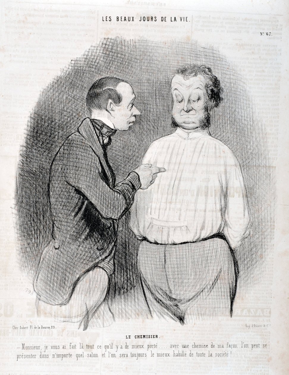 Kunstwerk door Honore Daumier (1808-1879). Charivari dateert uit 1845: Serie LES BEAUX DAYS DE LA VIE. De blouse -Meneer, ik heb je de beste kleding gemaakt... met een shirt op mijn manier kun je je in elke woonkamer presenteren en we zullen altijd het bes door Honoré Daumier
