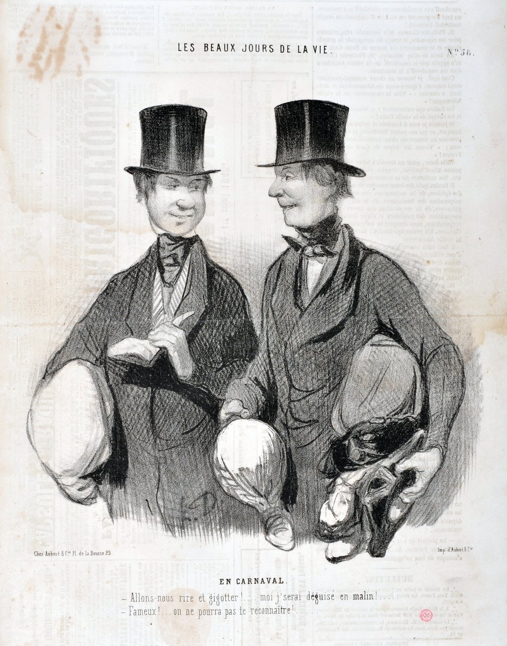 Kunstwerk door Honore Daumier (1808-1879). Charivari dateert uit 1845: Serie LES BEAUX DAYS DE LA VIE. In Carnaval -Laten we lachen en dansen! Ik zal teleurgesteld zijn zo slim! Beroemd! We kunnen je niet herkennen... MUSEUM VAN SCHONE KUNSTEN - PALEIS LON door Honoré Daumier