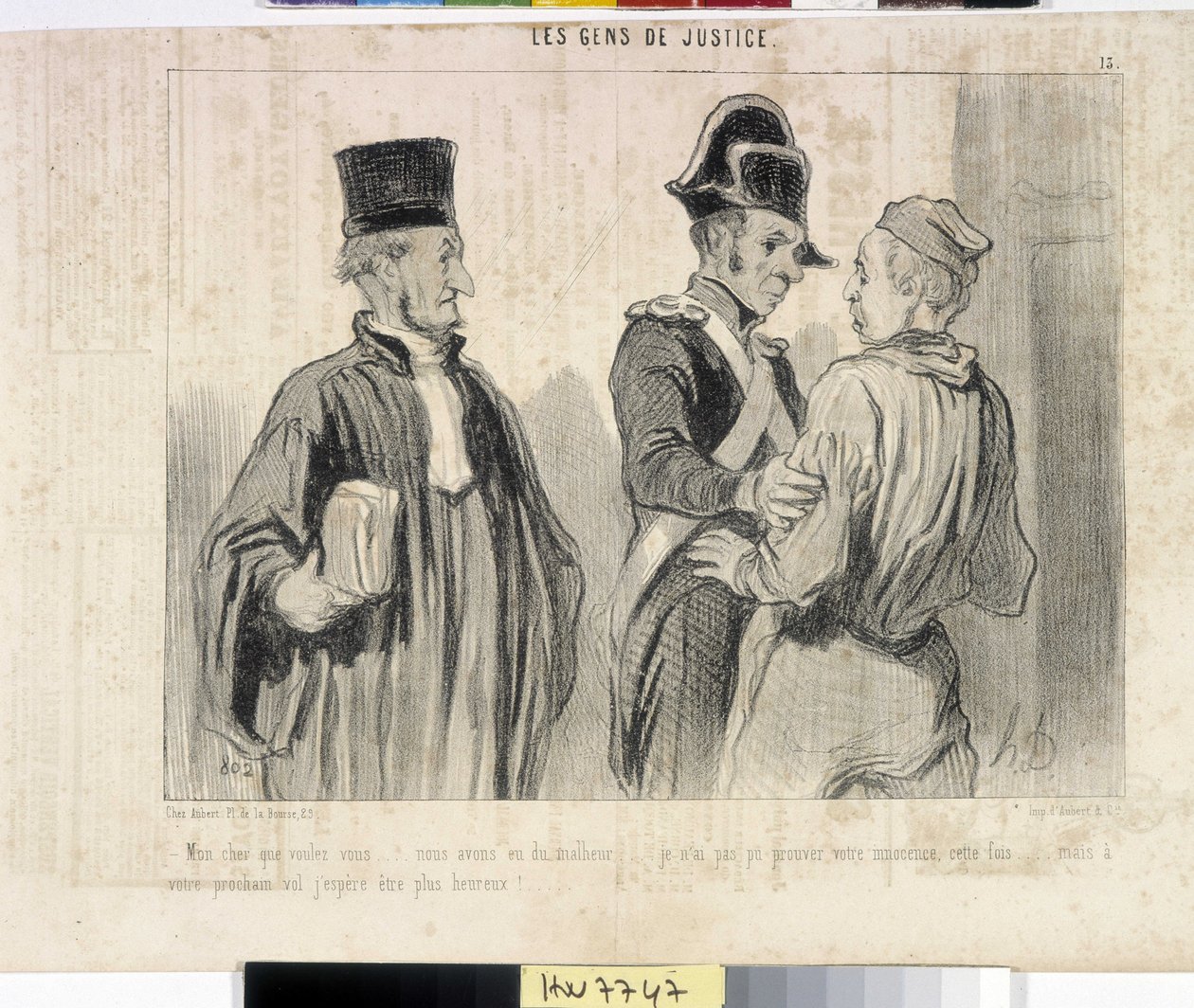 Kunstwerk door Honore Daumier (1808-1879). Charivari uit 1845: Serie LES PEANS DE JUSTICE. 