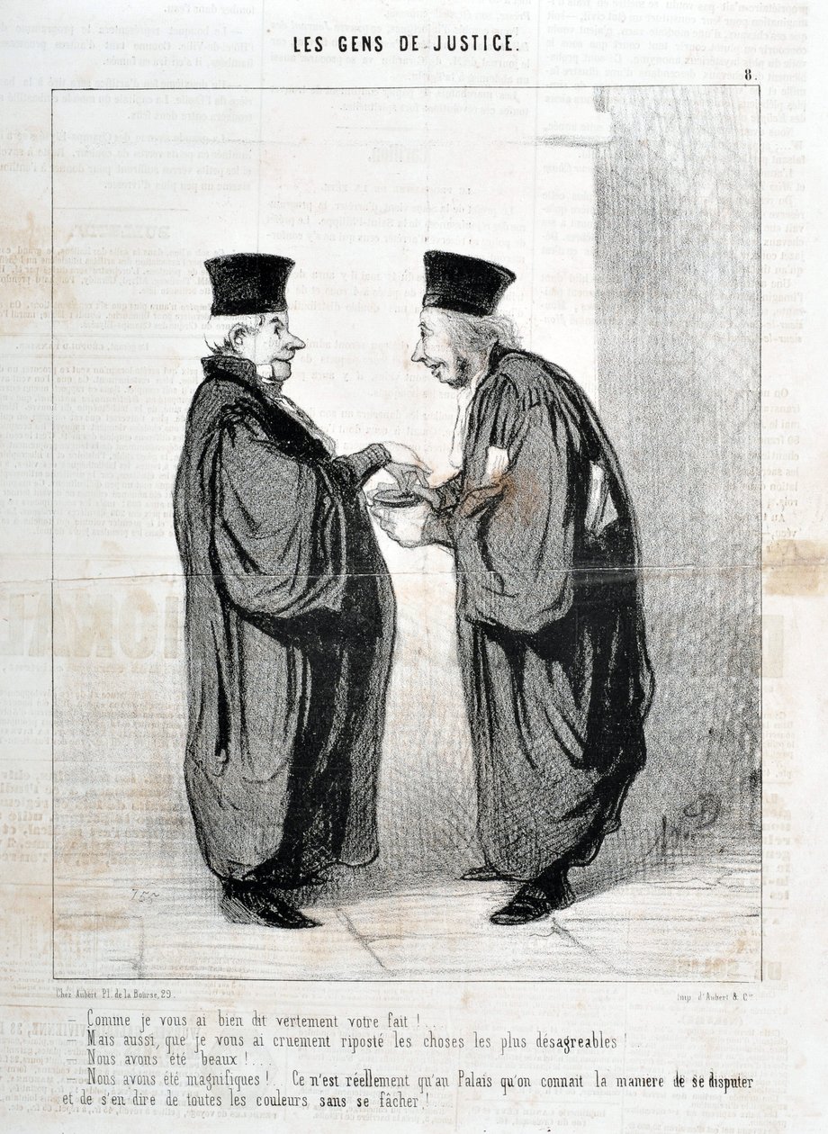 Kunstwerk door Honore Daumier (1808-1879). Charivari dateert uit 1845: Serie LES PEOPLES DE JUSTICE -Zoals ik je echt je feit vertelde! We waren mooi. We waren mooi!... het is echt alleen in het Paleis dat we de manier van argumenteren en praten erover ken door Honoré Daumier