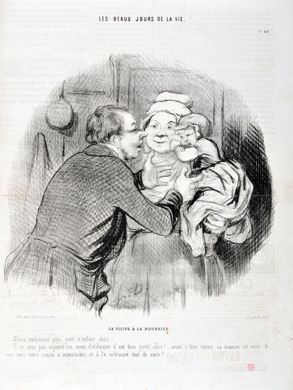Het bezoek aan de verpleegster - Laten we papa kussen, lief kind - Hij wil vandaag niet, maar meestal... door Honoré Daumier