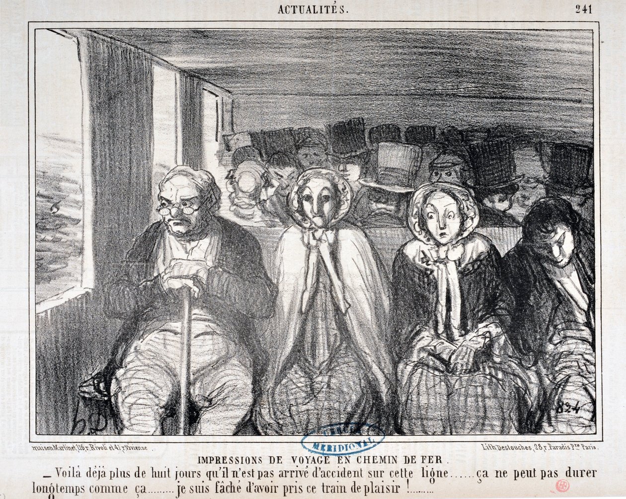 Werk van Honore Daumier (1808-1879) Charivari dateert uit 1855: Serie Actualites de voyage en railroad -Hier is al meer dan acht dagen geen ongeluk gebeurd op deze lijn... het kan niet lang zo blijven... Het spijt me dat ik deze trein heb genomen door Honoré Daumier