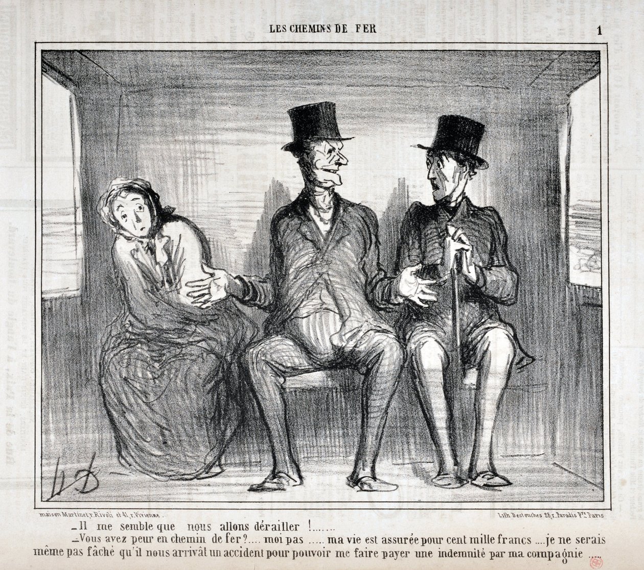 Werk van Honore Daumier (1808-1879). Charivari dateert uit 1857: Serie LES RAILWAYS - Het lijkt me dat we zullen ontsporen!... Ben je bang op de spoorweg?... ik niet... mijn leven is verzekerd voor honderdduizend francs... ik wil me niet eens zorgen maken door Honoré Daumier