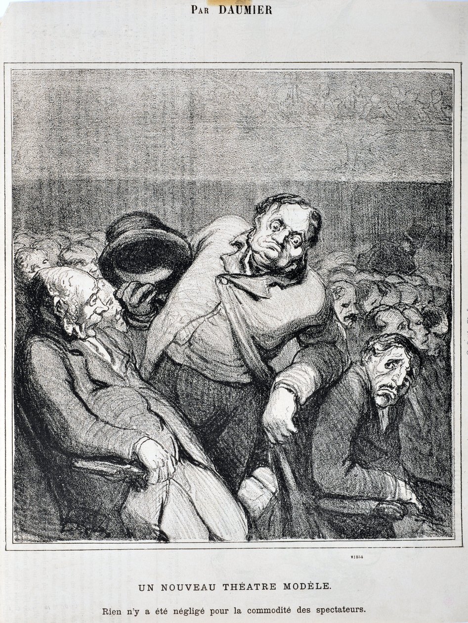 Kunstwerk door Honore Daumier (1808-1879). Charivari dateert uit 1864: Serie Schetsen Gemaakt in het Theater Een nieuw theatermodel. Niets is verwaarloosd voor het gemak van de toeschouwers MUSEE DES BEAUX ARTS - PALAIS LONGCHAMP, MARSEILLE door Honoré Daumier