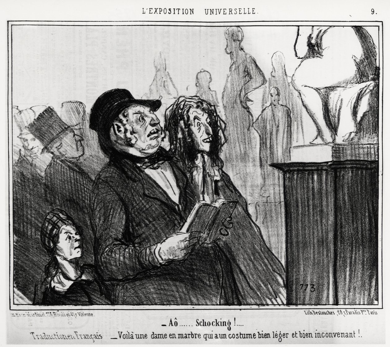 Op de Wereldtentoonstelling: ao... schokkend! (Franse vertaling: hier is een marmeren dame die een zeer licht en ongepast kostuum draagt) (illustratie door Honore Daumier, gepubliceerd in Charivari, gedateerd 1 juni) door Honoré Daumier
