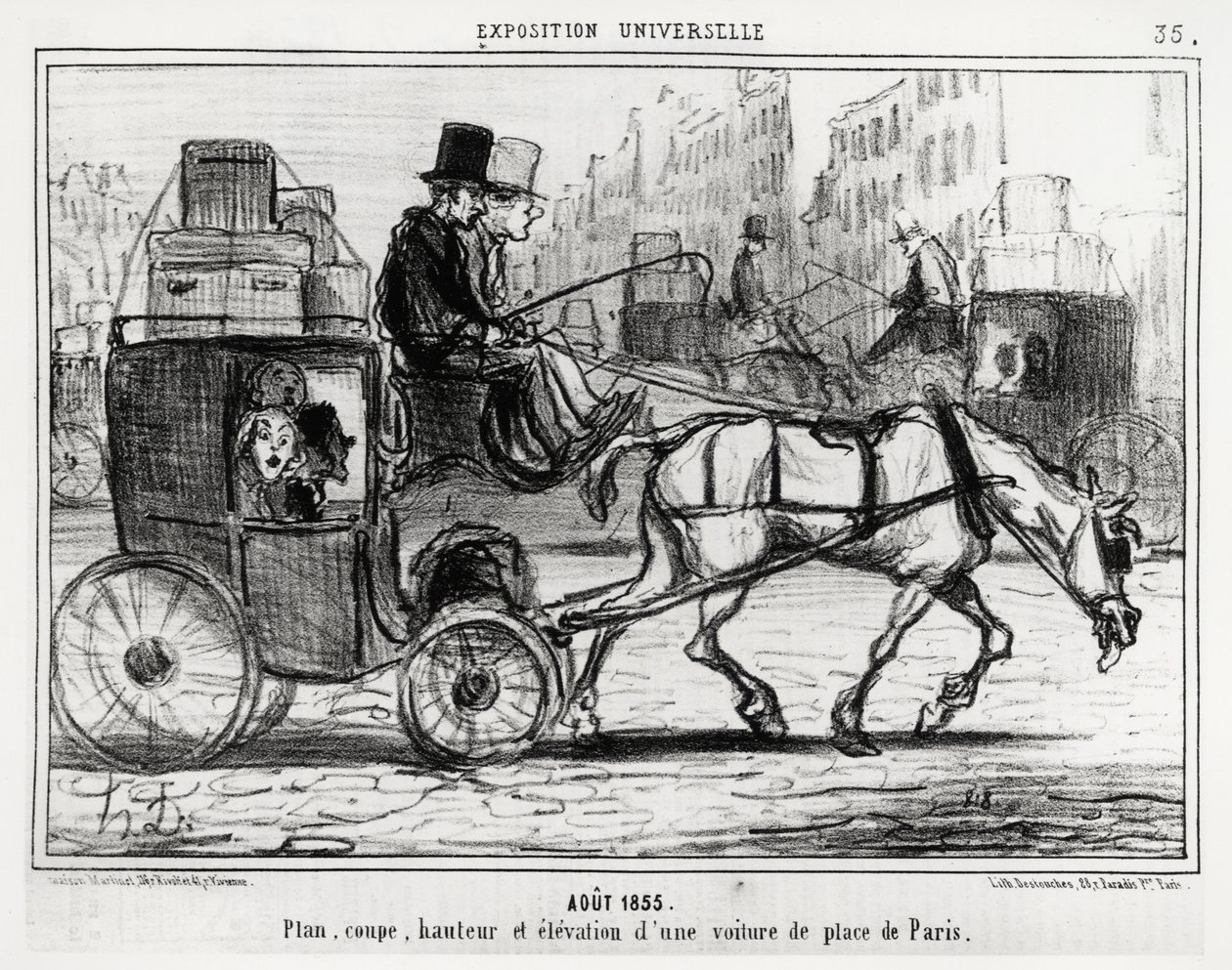 Augustus 1855, universele tentoonstelling: plan, doorsnede, hoogte en elevatie van een Parijse wagen (illustratie door Honore Daumier, gepubliceerd in Charivari, gedateerd 4 september) door Honoré Daumier