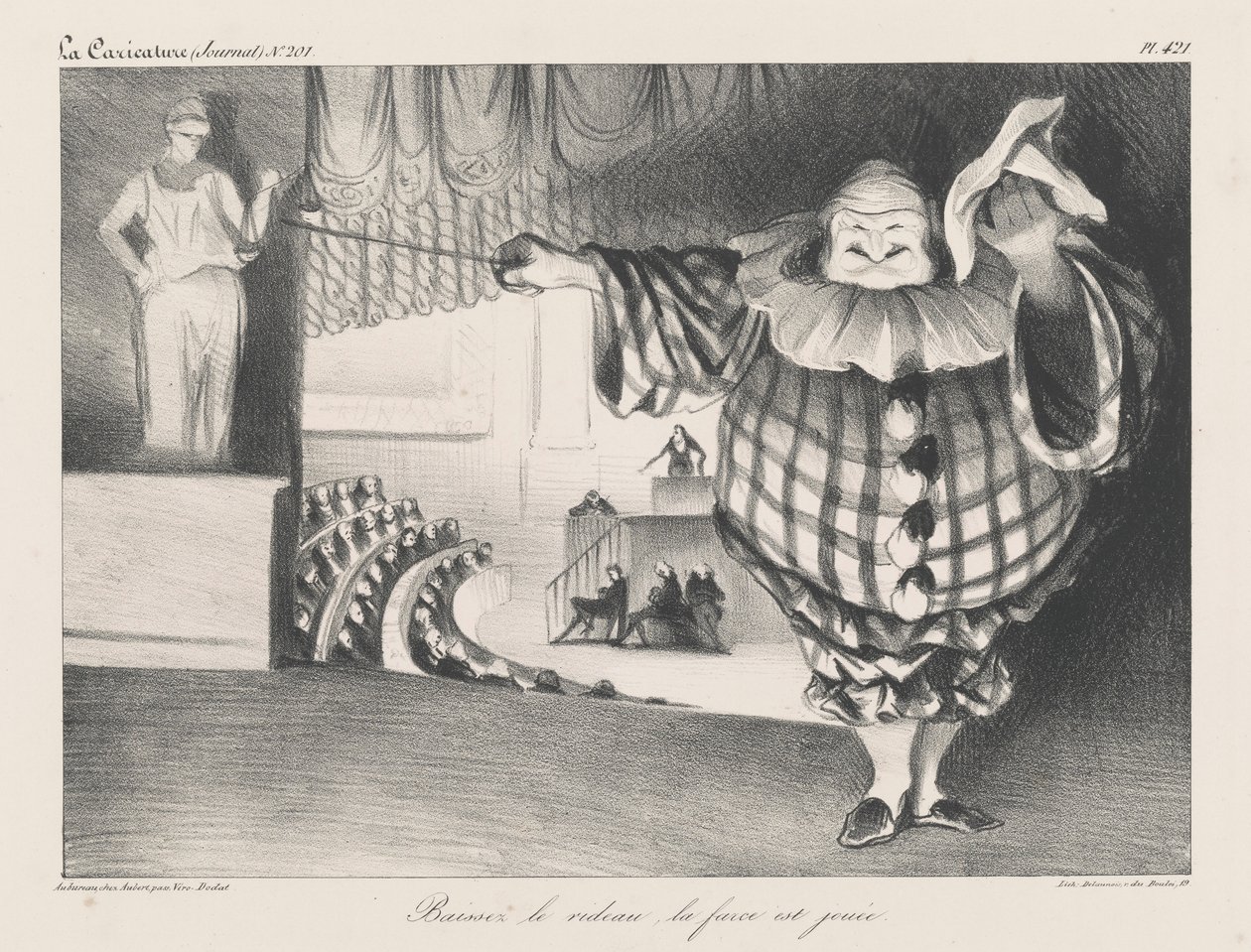 Baissez le rideau, la farce est jouée (Laat het gordijn zakken, de farce is voorbij) door Honoré Daumier