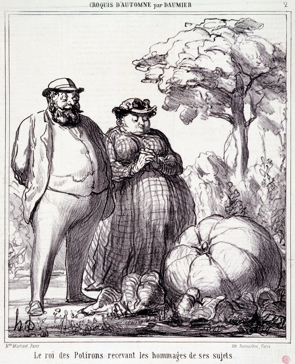 Spotprent over tuinieren. Serie Autumn Sketch: De Koning van de Pompoenen ontvangt eerbetoon van zijn onderdanen. Gravure door Honore Daumier. Uit de krant Le Charivari op 23 september door Honoré Daumier