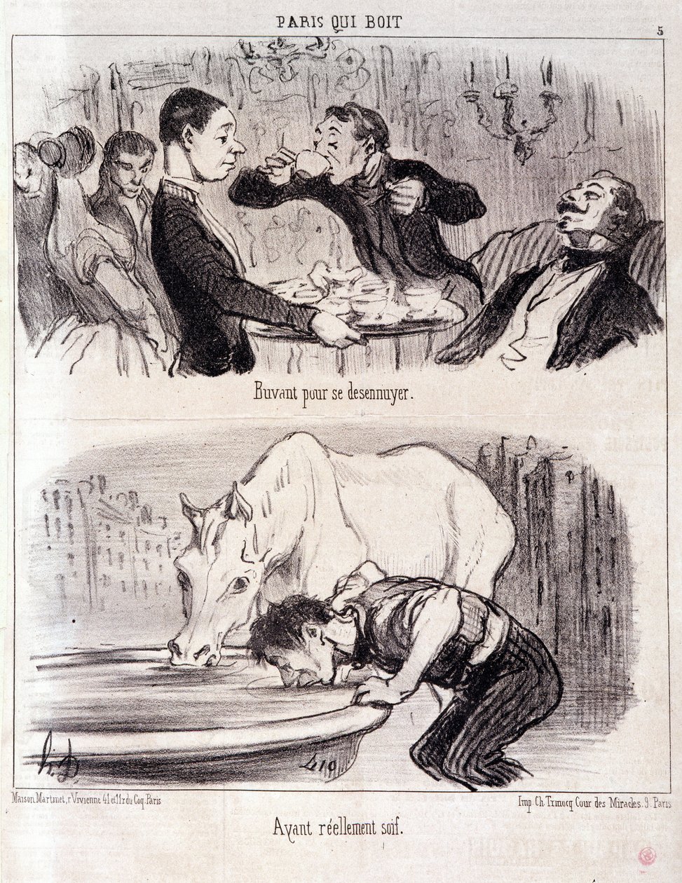 Cartoon over gastronomisch misbruik. Serie Parijs drinkt: "Drinken om je te vervelen. Echt dorstig." Gravure door Honore Daumier. Uit de krant "Le Charivari" 16 juni 1852 door Honoré Daumier