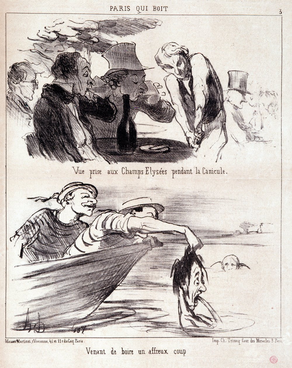Cartoon over gastronomisch misbruik. Serie "Paris qui boire": "zicht genomen op de Champs Elysees tijdens de hittegolf. Net een verschrikkelijke klap gedronken." Gravure door Honore DAUMIER (1808-1879). Uittreksel uit de krant "Le Charivari" op 5 juni door Honoré Daumier