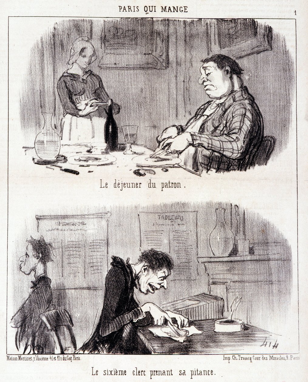 Spotprent over gastronomisch misbruik. Serie Paris qui mange: Het ontbijt van de baas. De zesde klerk neemt zijn maaltijd. Gravure door Honore Daumier. Uit de krant Le Charivari op 26 juni door Honoré Daumier