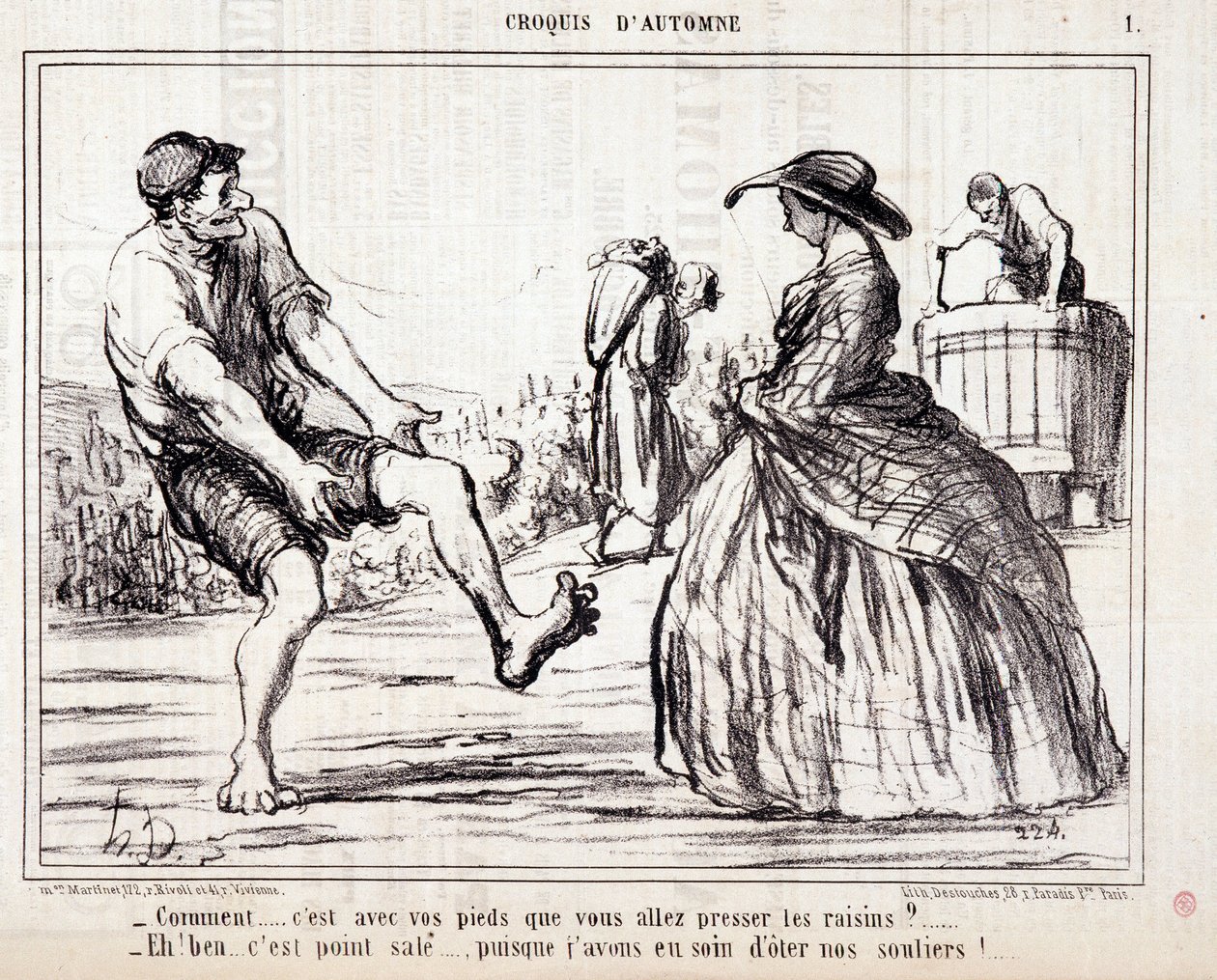 Spotprent over druivenplukkers die op blote voeten druiven vertrappen. Serie Autumn Sketch: Hoe... ga je de druiven met je voeten persen? Gravure door Honore Daumier. Uit de krant Le Charivari door Honoré Daumier