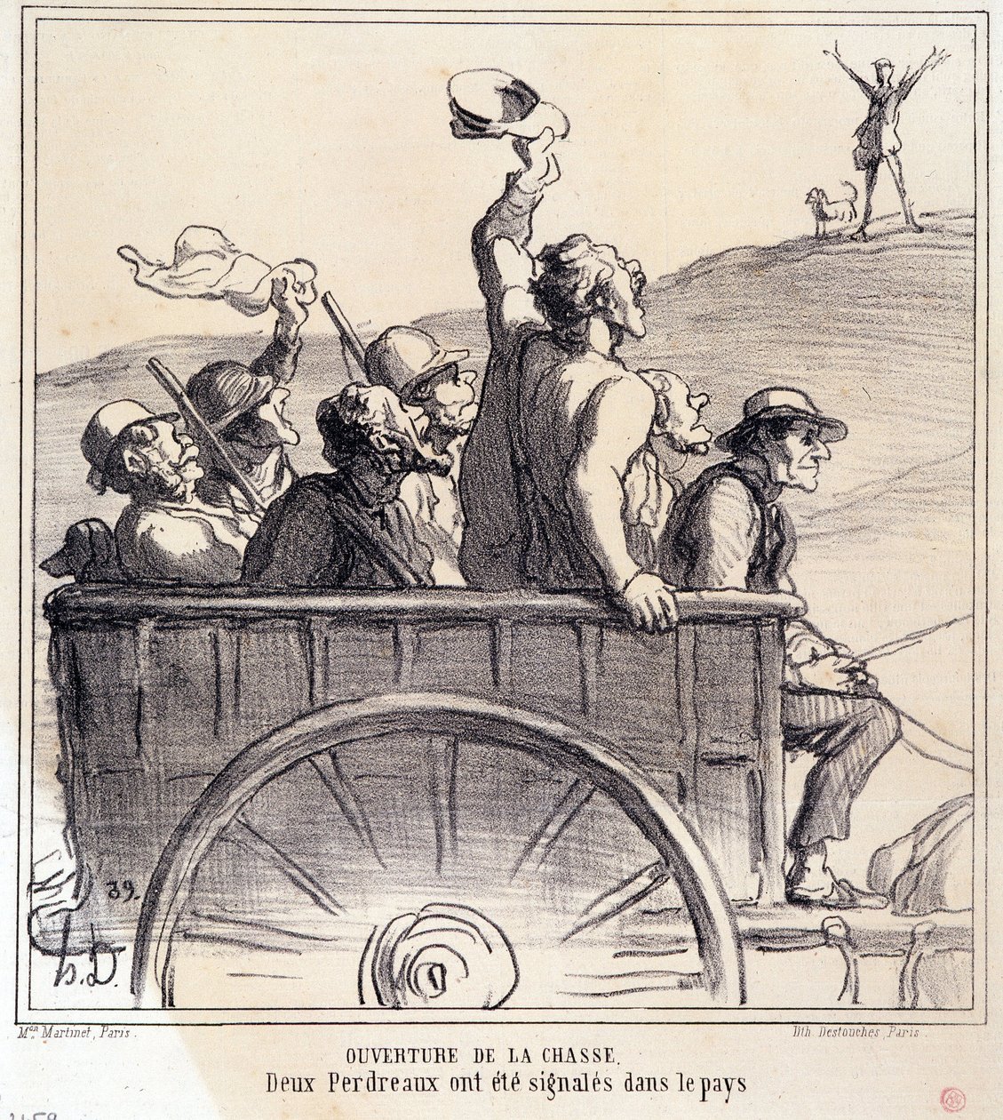 Cartoon over jagers. Serie "Herfstschets: Opening van de jacht, twee patrijzen werden gesignaleerd op het platteland", uit de krant "Le Charivari" door Honoré Daumier