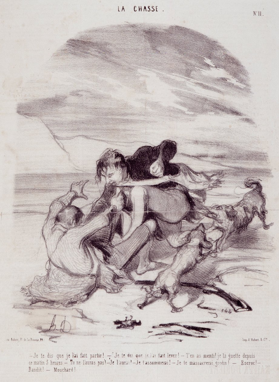 Cartoon over jagers. Serie "The Beautiful Days of Life - The Hunting": "Ik zeg je dat ik hem heb laten vertrekken..." Gravure door Honore DAUMIER (1808-1879). Uittreksel uit de krant "Le Charivari" op 10 januari door Honoré Daumier