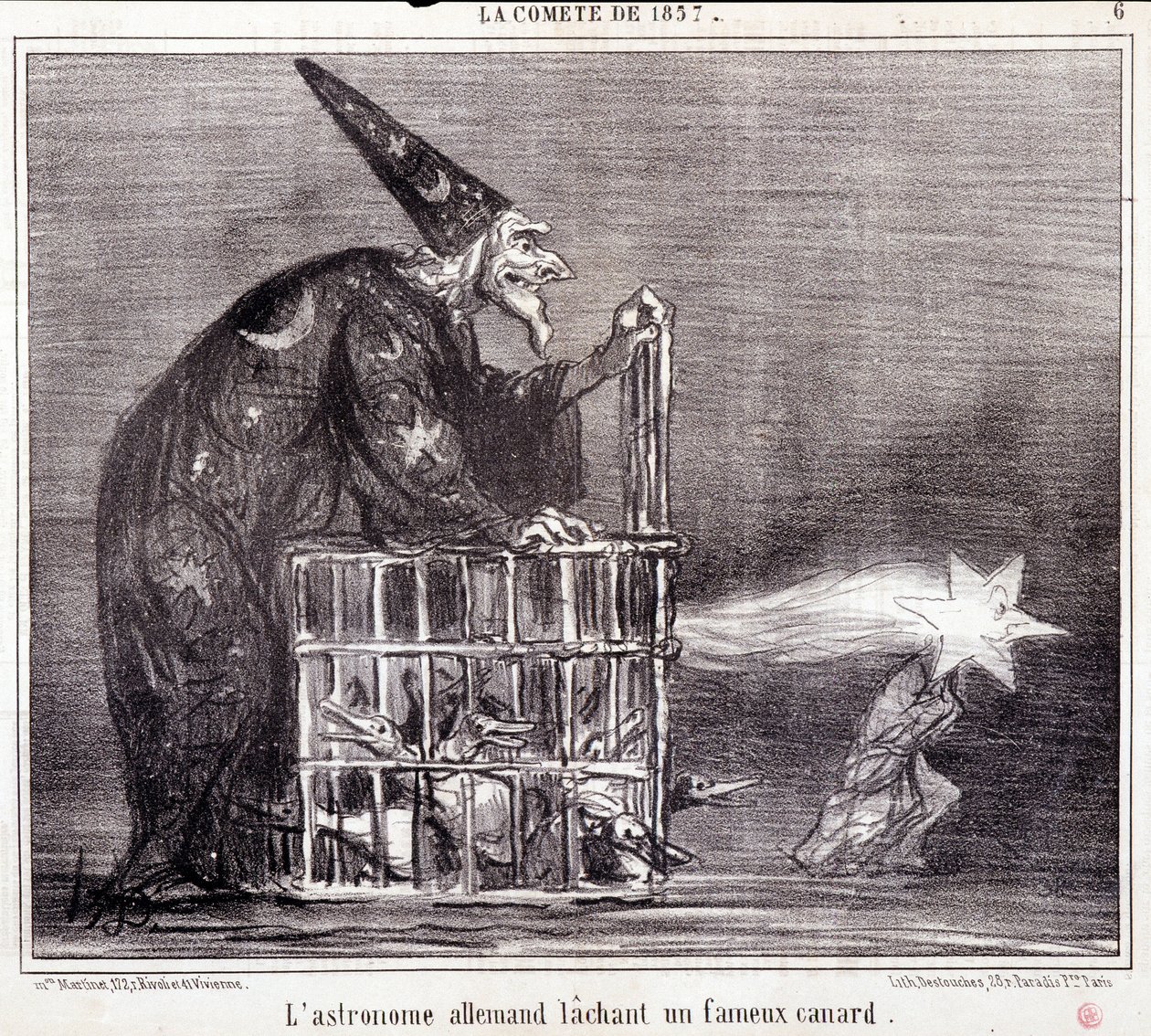 Cartoon over wetenschap. Serie Sur "de Komeet van 1857": "De Duitse Astronoom Verlaat een Beroemde Eend". Gravure door Honore Daumier. Uit de krant "Le Charivari" 2 maart door Honoré Daumier