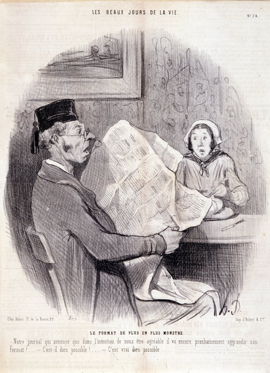 Cartoon over de pers. Serie "The Beautiful Days of Life": "Het steeds monsterlijker formaat..." Gravure door Honore DAUMIER (1808-1879). Uittreksel uit de krant "Le Charivari" op 18 oktober door Honoré Daumier