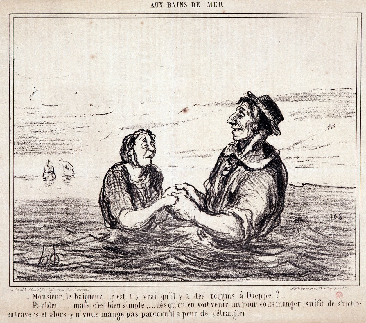 Cartoon over toeristen op vakantie. Serie "aux Bains de Mer": "Monsieur le bathneur... is het waar dat er haaien zijn in Dieppe?..." Gravure door Honore Daumier. Uit de krant "Le Charivari" 8 juni door Honoré Daumier