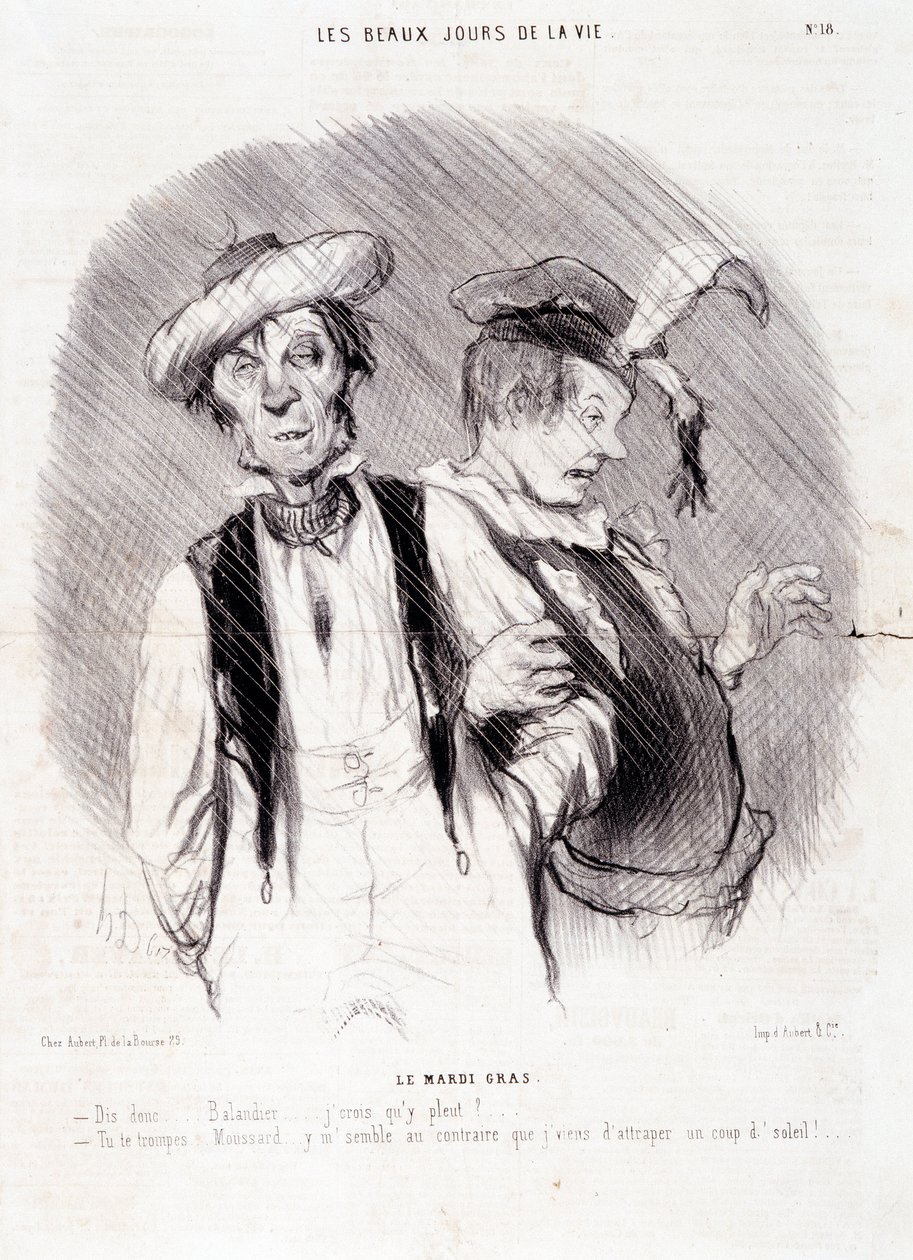 Cartoon over twee alcoholisten: Serie "Les Beaux Days de la Vie": "Le Mardi Gras..." Gravure door Honore DAUMIER (1808-1879). Uittreksel uit de krant "Le Charivari" op 9 augustus door Honoré Daumier