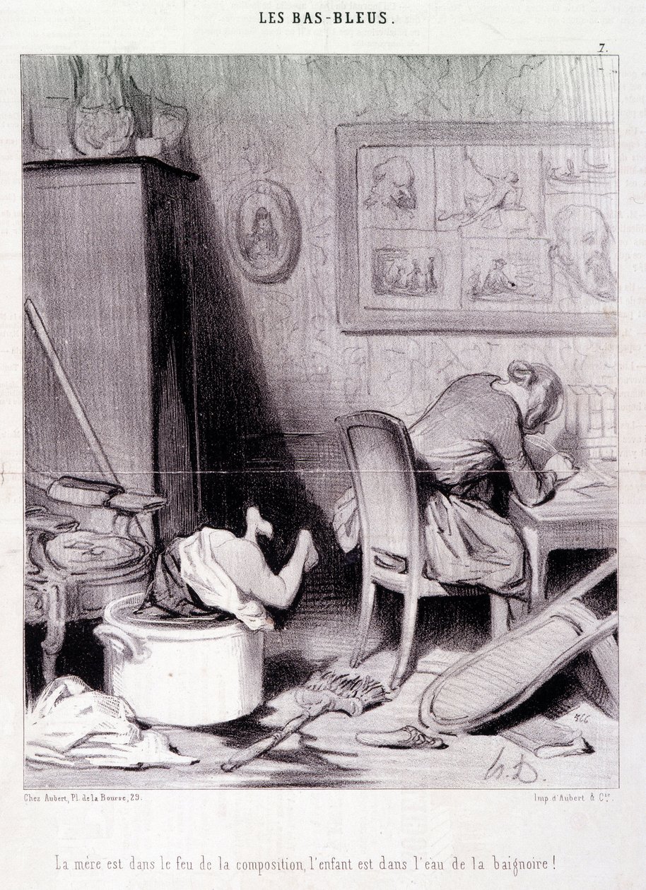 Spotprent over vrouwelijke schrijvers. Serie Bas Bleus: De moeder is in het vuur van de compositie, het kind is in het water van het bad! Gravure door Honore Daumier. Uit de krant Le Charivari op 20 februari door Honoré Daumier