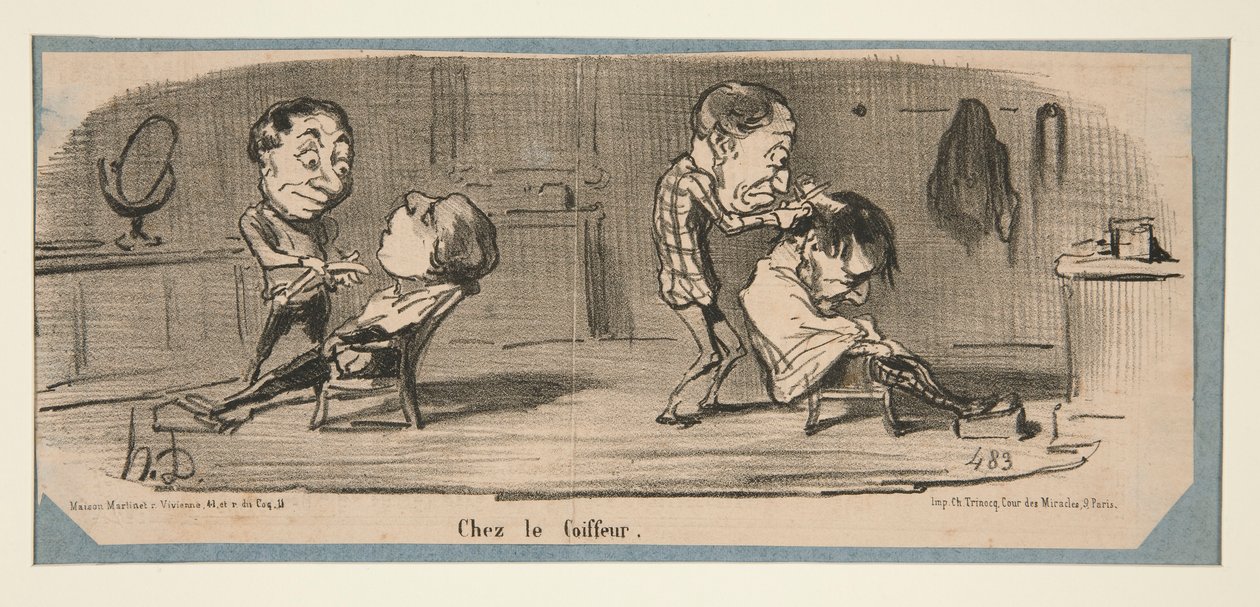 Bij de kleermaker, bij de kapper, in Charivari, 3, 16 en 19 februari, 1853 door Honoré Daumier