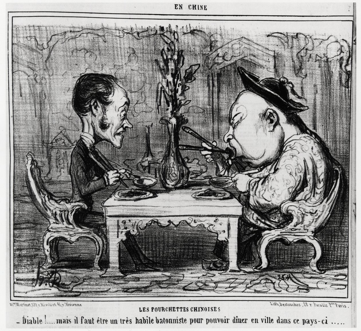 Chinese vorken: "Duivel! maar je moet een zeer bekwame batonist zijn om in deze stad te kunnen dineren." in serie En Chine, illustratie door Honore Daumier (1808-1879), gepubliceerd in "Charivari" door Honoré Daumier