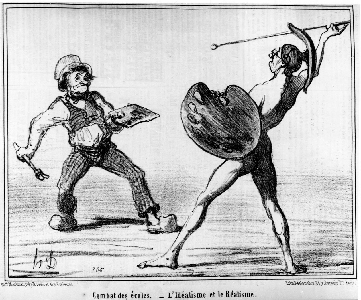 Strijd der scholen. Het idealisme en het realisme, uit "Paintings et salons", Cartoons serie door Honore Daumier. "Charivari" door Honoré Daumier