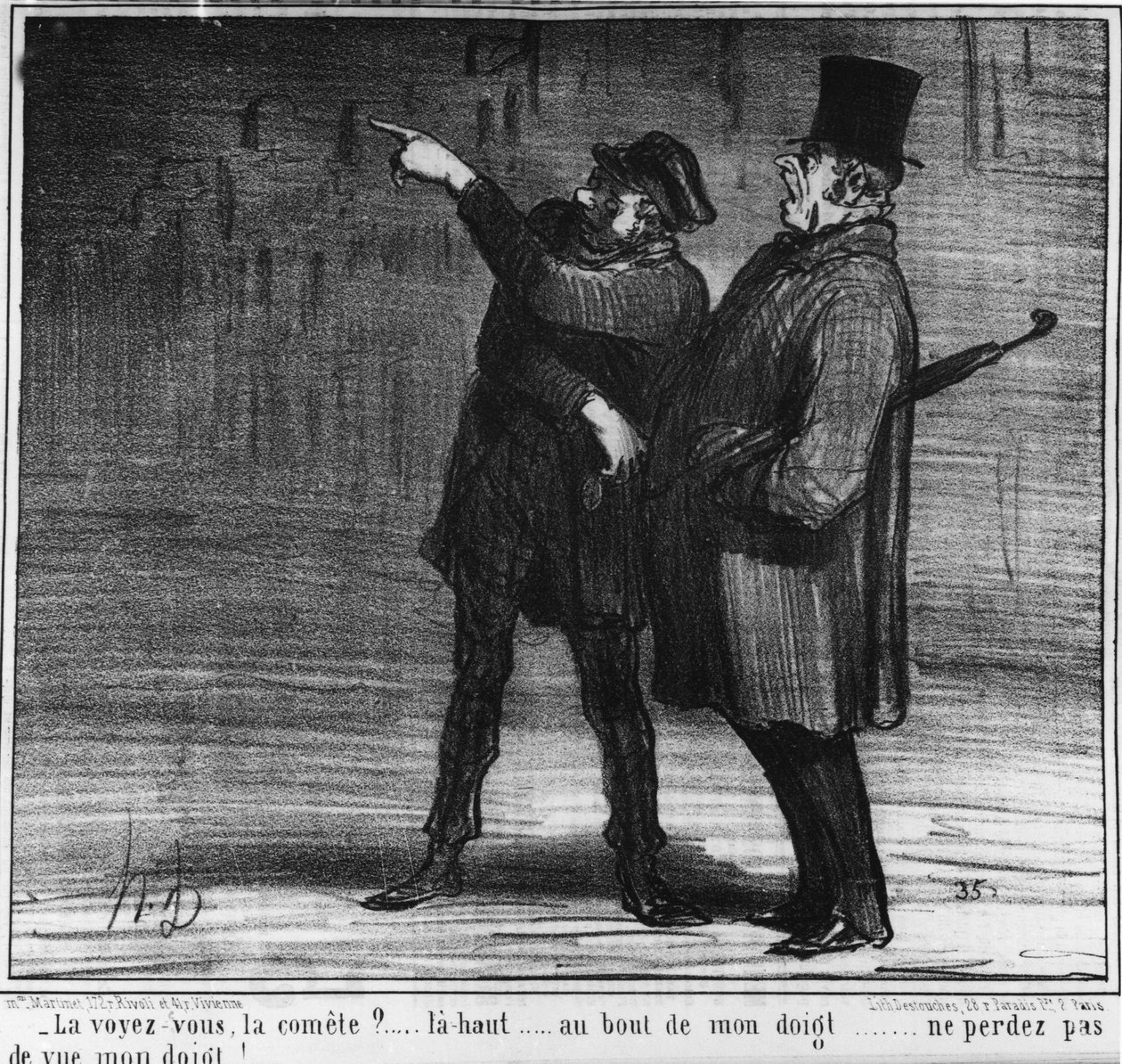 Zie je de komeet? omhoog... aan het einde van mijn vinger... verlies mijn vinger niet uit het oog!... , cartoon door Honore Daumier (1808-1879). "Charivari" door Honoré Daumier
