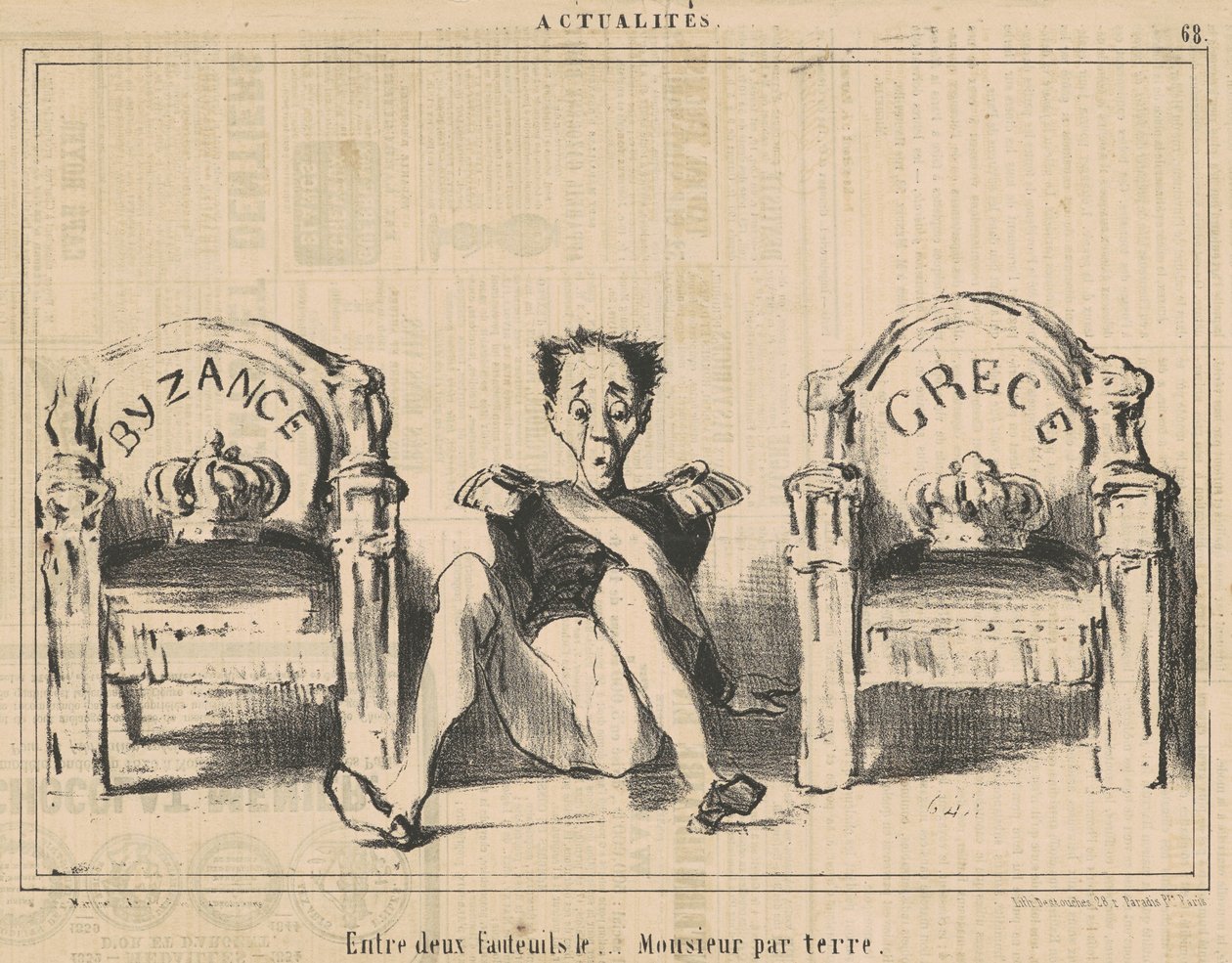 Tussen twee fauteuils de... meneer op de grond door Honoré Daumier