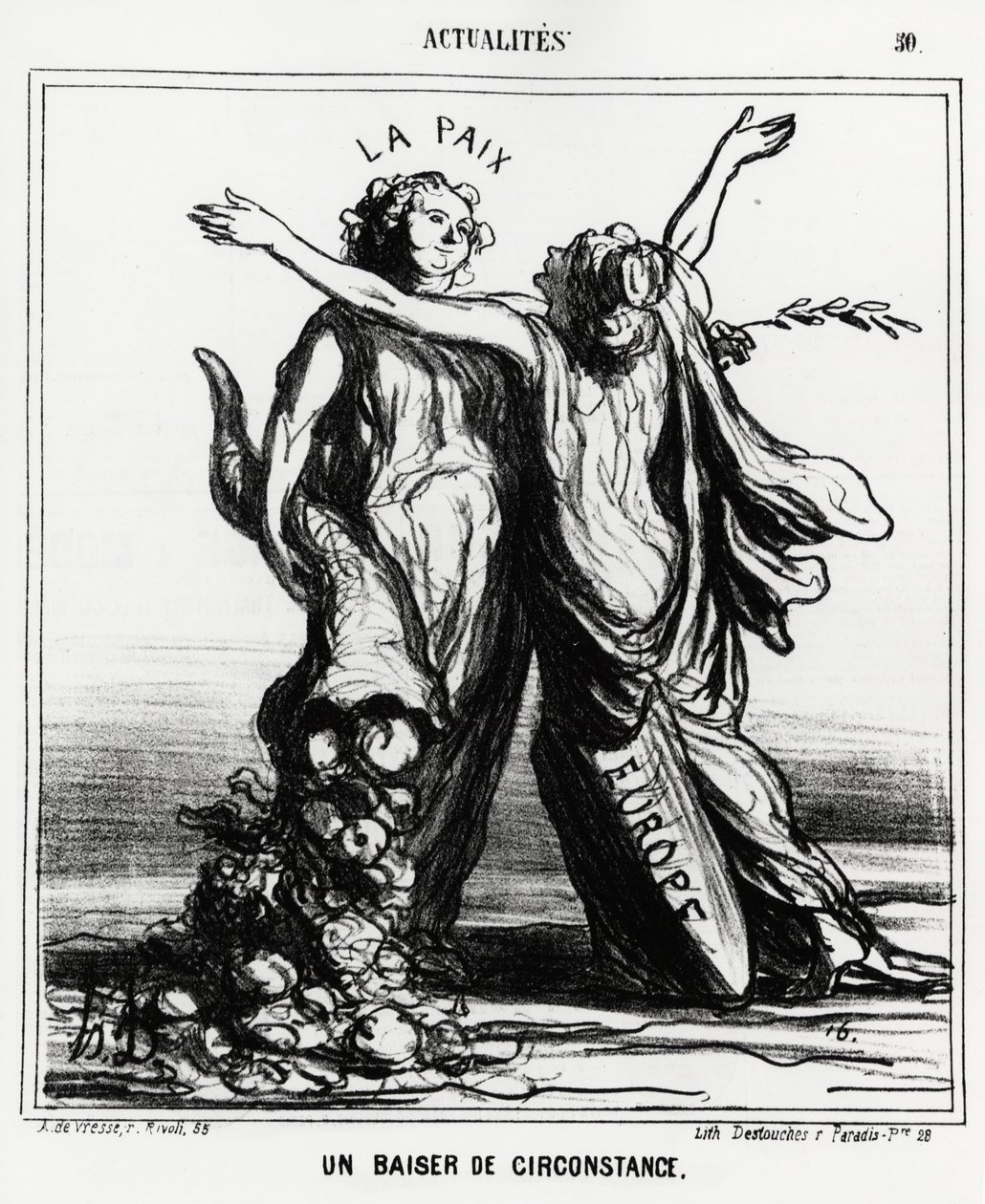 Europa en vrede: een speciale kus (illustratie door Honore Daumier, gepubliceerd in Charivari, gedateerd 1 april) door Honoré Daumier