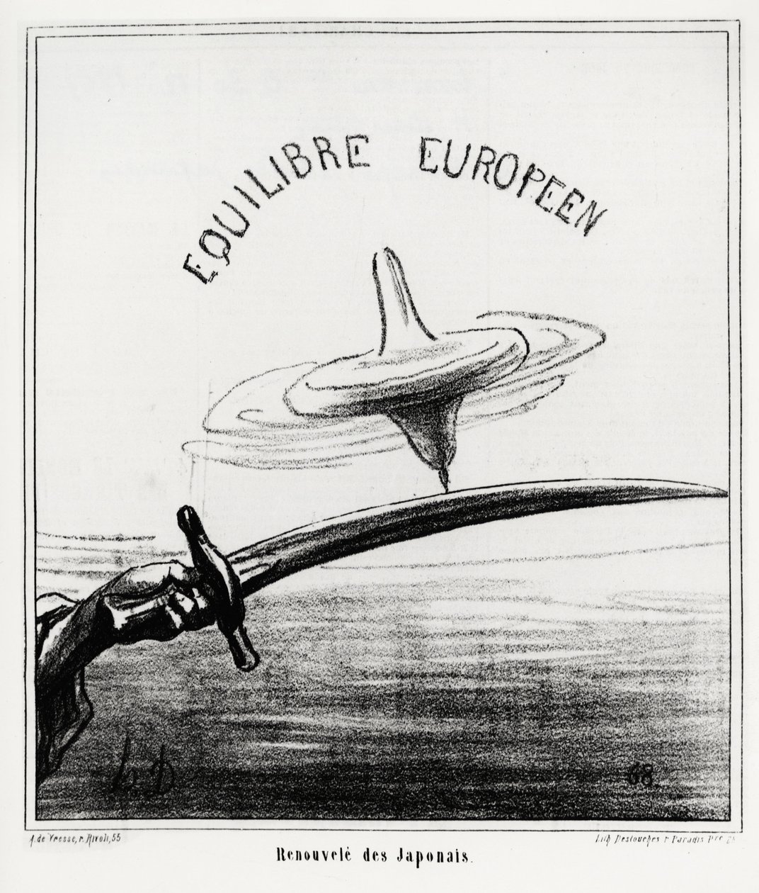 Europese balans: Japanse heropleving. Net na het herstel van het keizerlijke regime in Japan, na het aftreden van de Tokugawa-shoguna in november 1867. Illustratie van Honore Daumier, gepubliceerd in het nieuws, 