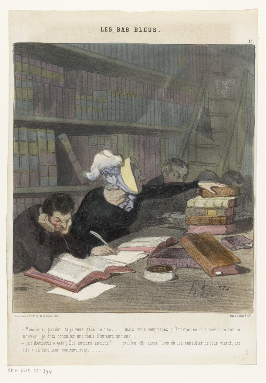 Figuren achter een leestafel in een openbare bibliotheek door Honoré Daumier