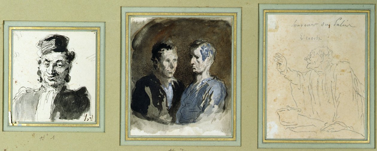 Vooraanzicht van een advocaat, twee beklaagden en een pleiter door Honoré Daumier
