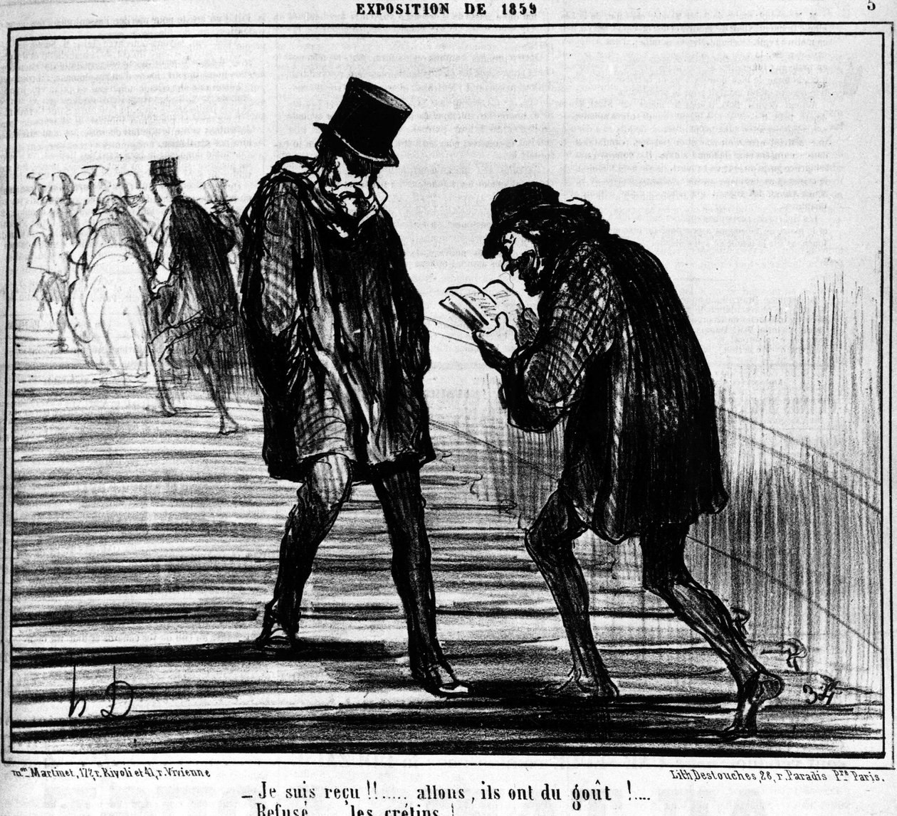 Ik ben ontvangen!!... Kom op, ze proeven!... - Weigeren... idioten! , uit "Schilderijen en Salons", cartoonserie door Honore Daumier (1808-1879). "Charivari" door Honoré Daumier