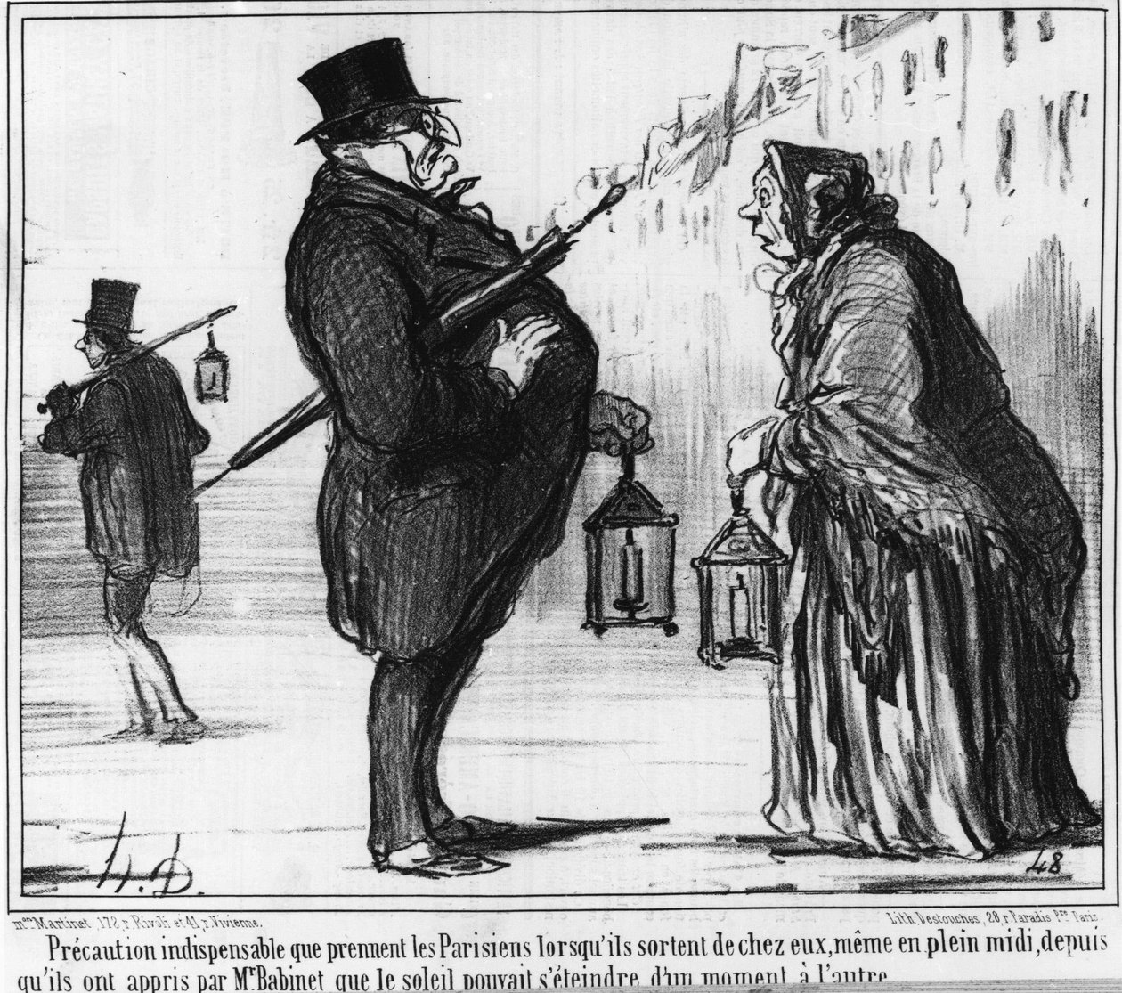 Onmisbare voorzorgsmaatregel die Parijzenaars nemen wanneer ze hun huis verlaten, zelfs midden op de dag, sinds ze door meneer Babinet werd geleerd dat de zon elk moment kan vervagen, cartoon door Honore Daumier. 
