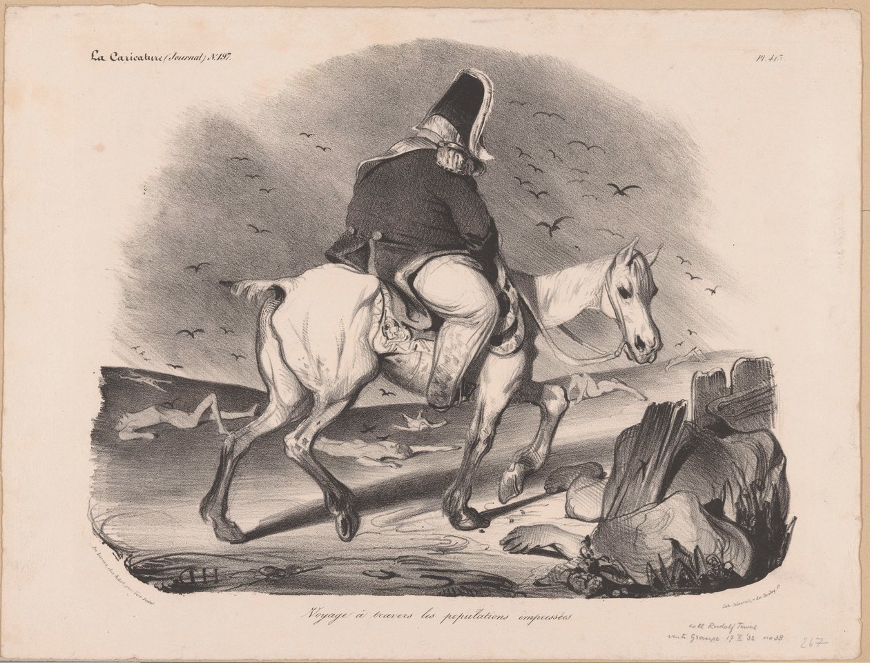 Karikatuur van Lodewijk Filips I, koning van Frankrijk te paard tussen de lijken door Honoré Daumier
