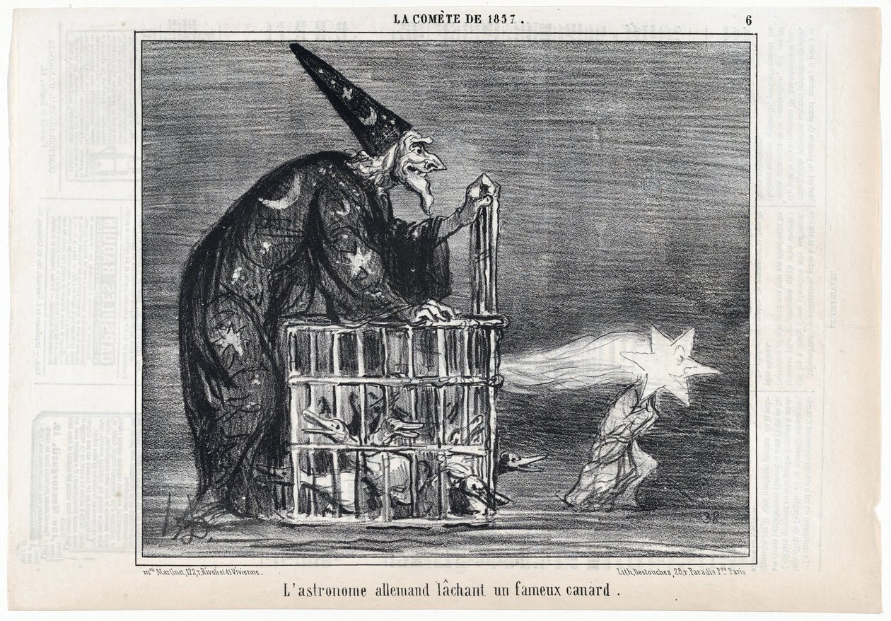 De komeet van 1857, "De Duitse astronoom laat een beroemde eend los", uit Le Charivari, uitgegeven 1858 door Honoré Daumier