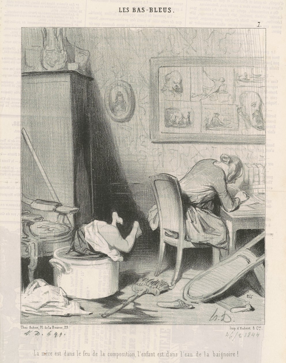 De moeder in het vuur van de compositie, het kind is in het water van het bad! door Honoré Daumier