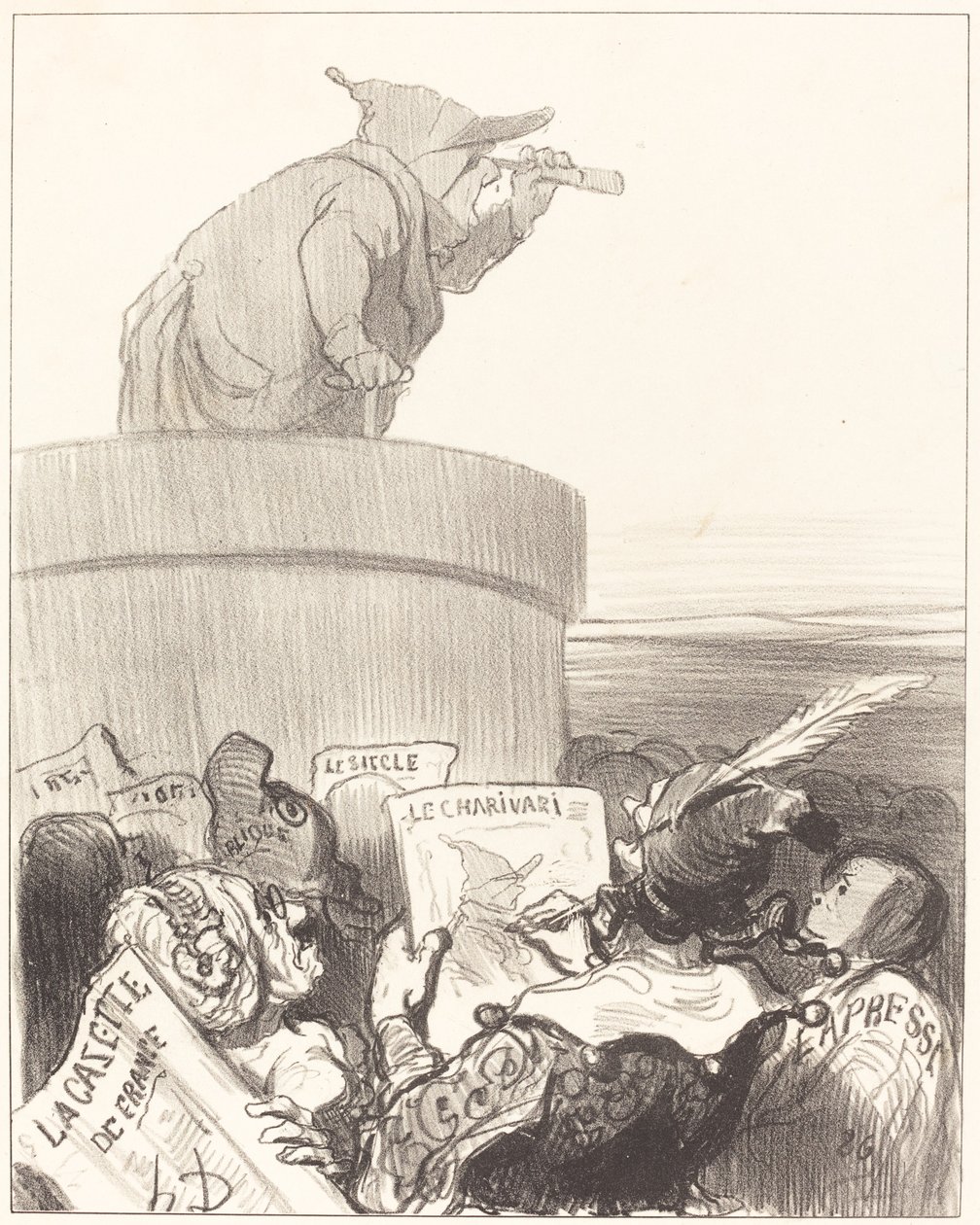 Le Constitutionnel die de politieke horizon aanschouwt door Honoré Daumier
