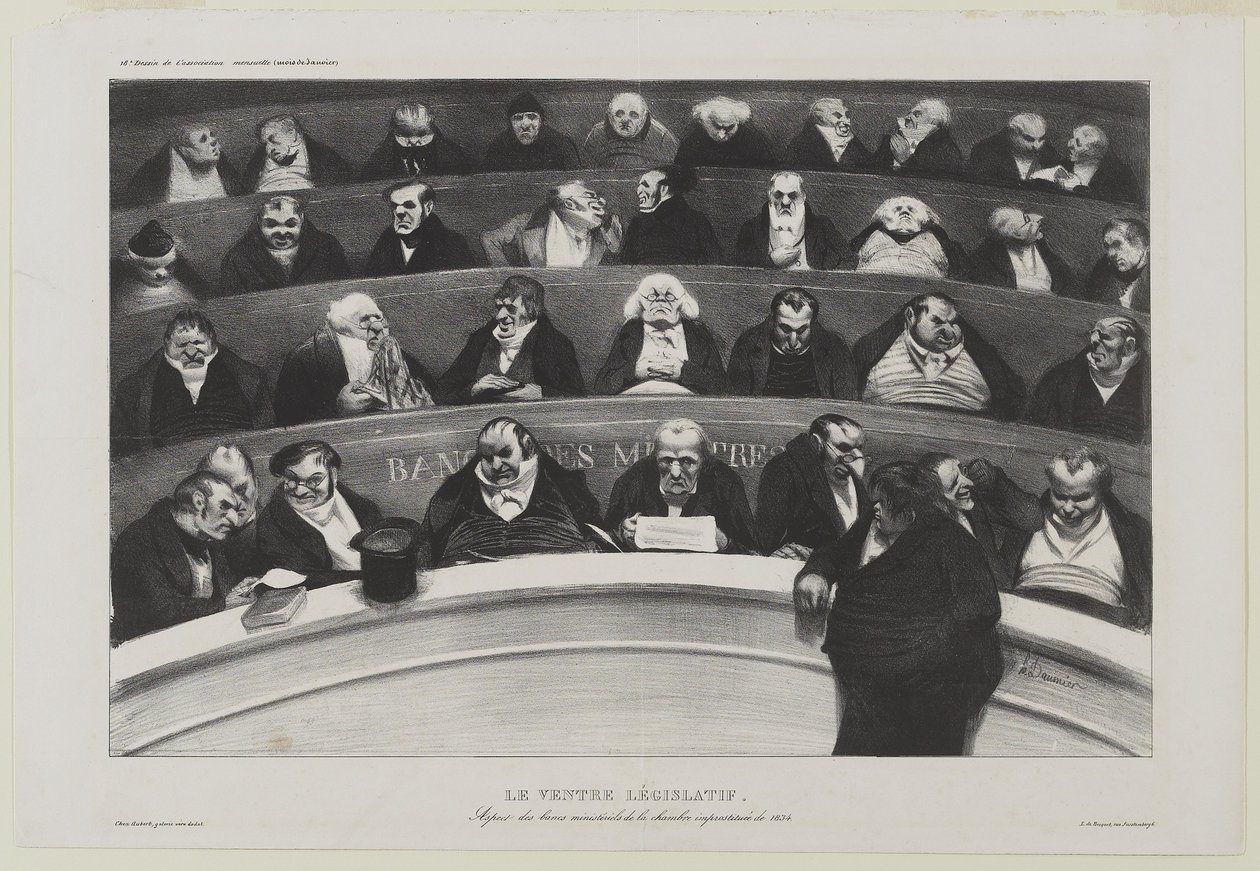 Le Ventre Législatif: Aspect des bancs ministériels de la chambre improstituée de 1834, of De Wetgevende Buik: Uitzicht op de ministeriële banken in de Kamer van Prostitutie van 1834 door Honoré Daumier