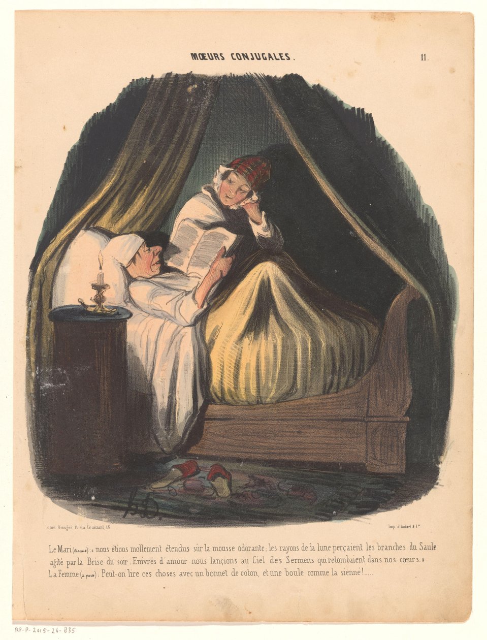 Lezende man in bed met naast zich zijn vrouw door Honoré Daumier