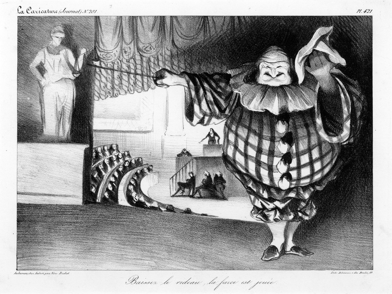 Laat het Gordijn Zakken, de Farce is Voorbij (Baissez le rideau, la farce est jouée) plaat 421 door Honoré Daumier