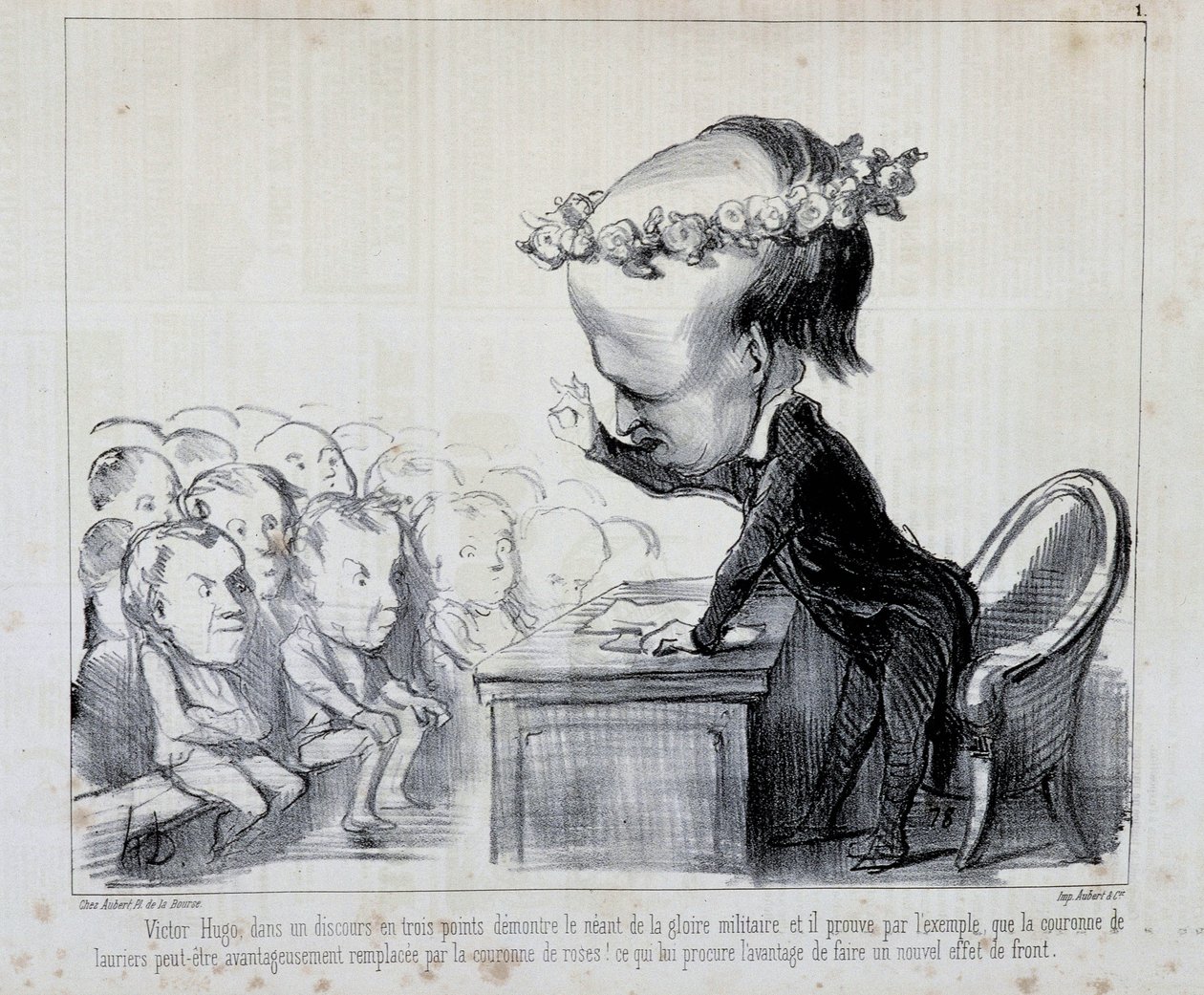 Herinneringen aan het Vredescongres: Victor Hugo (Nr. 1 van de Serie) - door Daumier, in Charivari van 06/09/1849 door Honoré Daumier