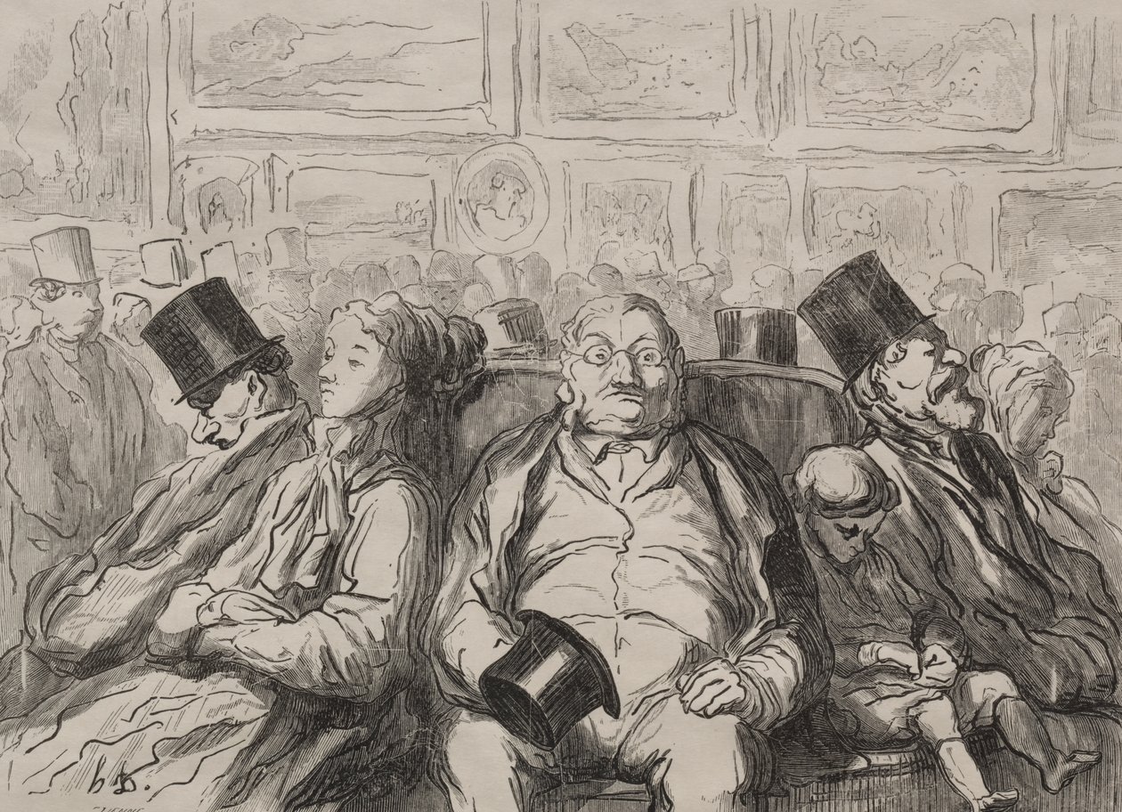 Moment van Rust in de Salon Carré door Honoré Daumier