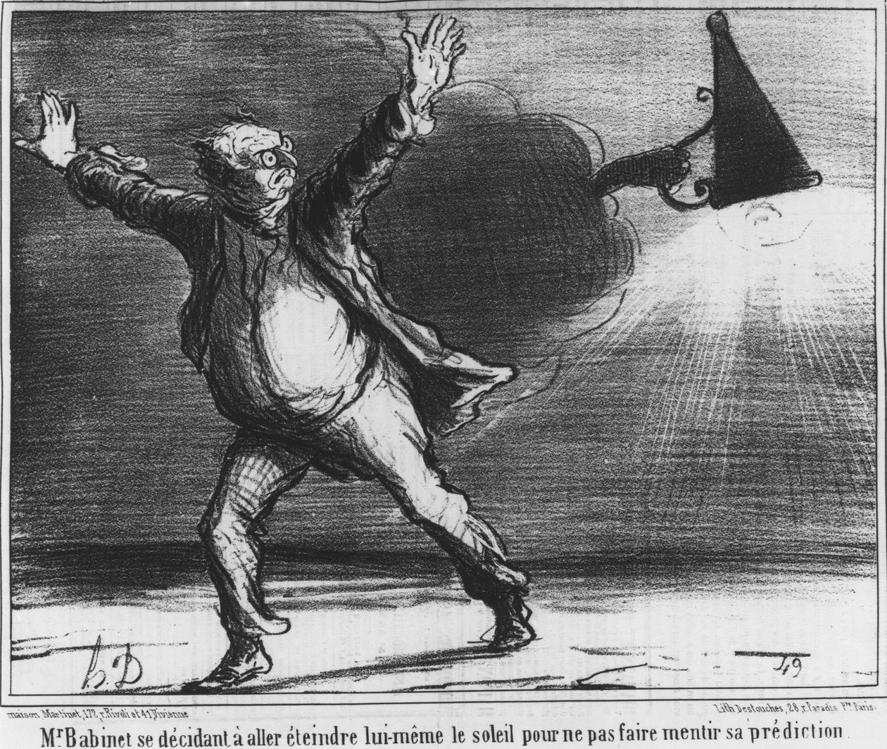 Monsieur Babient besloot zelf de zon uit te zetten om zijn voorspelling waar te maken, karikatuur over de komeet van 1857 van Honore Daumier door Honoré Daumier