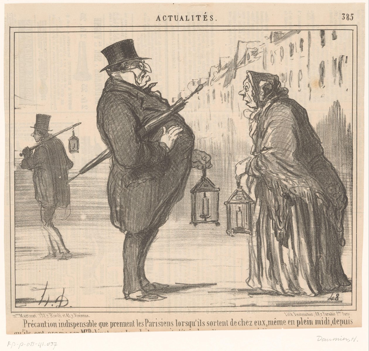Monsieur Prudhomme en een oude vrouw met lantaarn en paraplu door Honoré Daumier