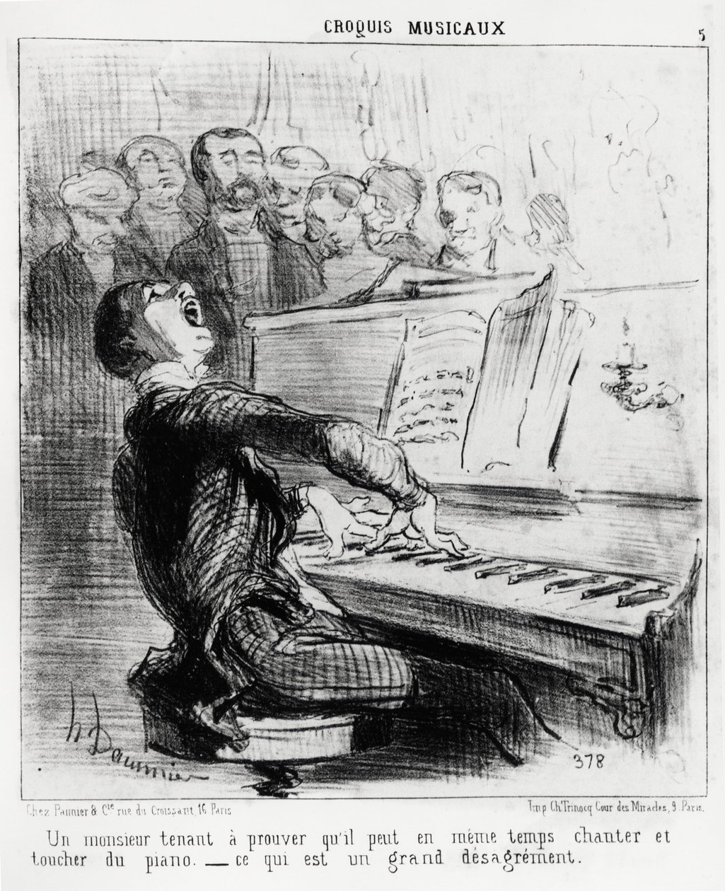 Muzikale schetsen: een heer die graag wil bewijzen dat hij tegelijkertijd kan zingen en piano spelen, wat zeer schandelijk is. Illustratie door Honore Daumier (1808-1879), gepubliceerd in "Charivari", datum 17 februari 1852. door Honoré Daumier
