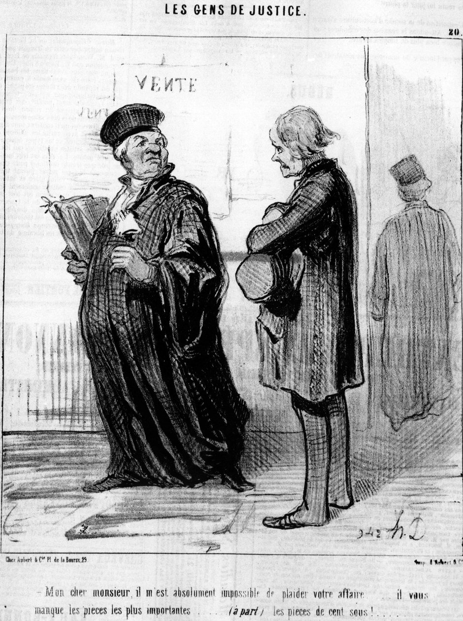Mijn beste heer, het is absoluut onmogelijk voor mij om uw zaak te behagen... u mist de belangrijkste stukken... (apart) de munten!... , uit de "Gens de Justice", serie cartoons over Justitie door Honore Daumier (1808-1879). "Charivari" door Honoré Daumier